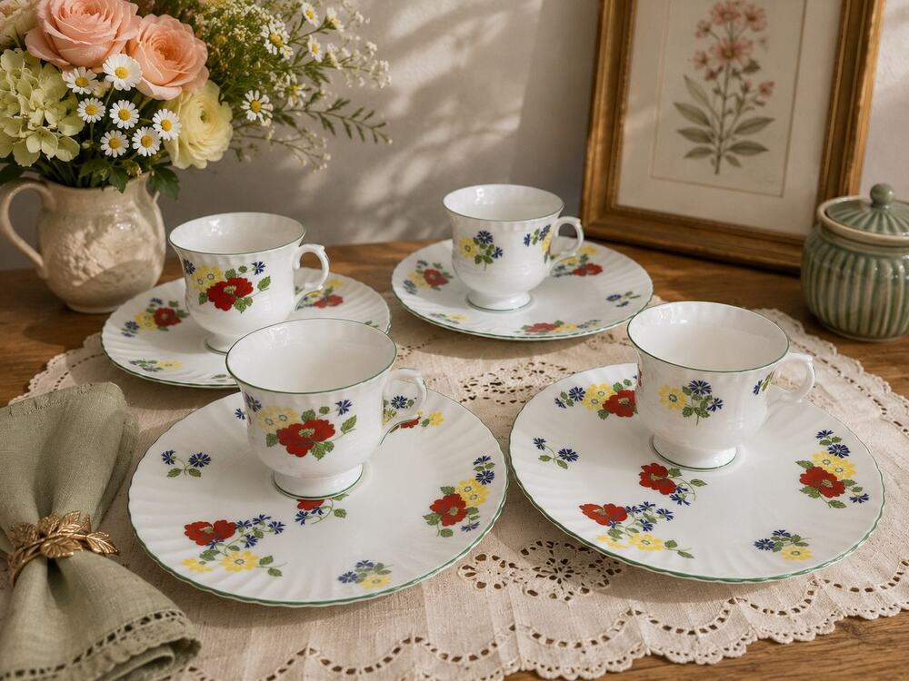 Vintage Crown Staffordshire English Garden Bone China Set of 4 Teacups/ Plates
